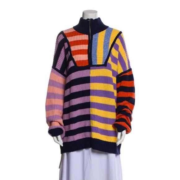 STAUD Hampton Oversized Stripe Cabana Knit Sweater Size Large Half Zip Cotton - Picture 6 of 13